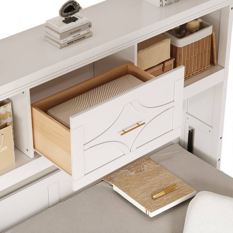 Twin Size Murphy Bed with Storage Cabinets, Charging Station, USB Ports, Solid Wood Foldable Wall Bed Frame