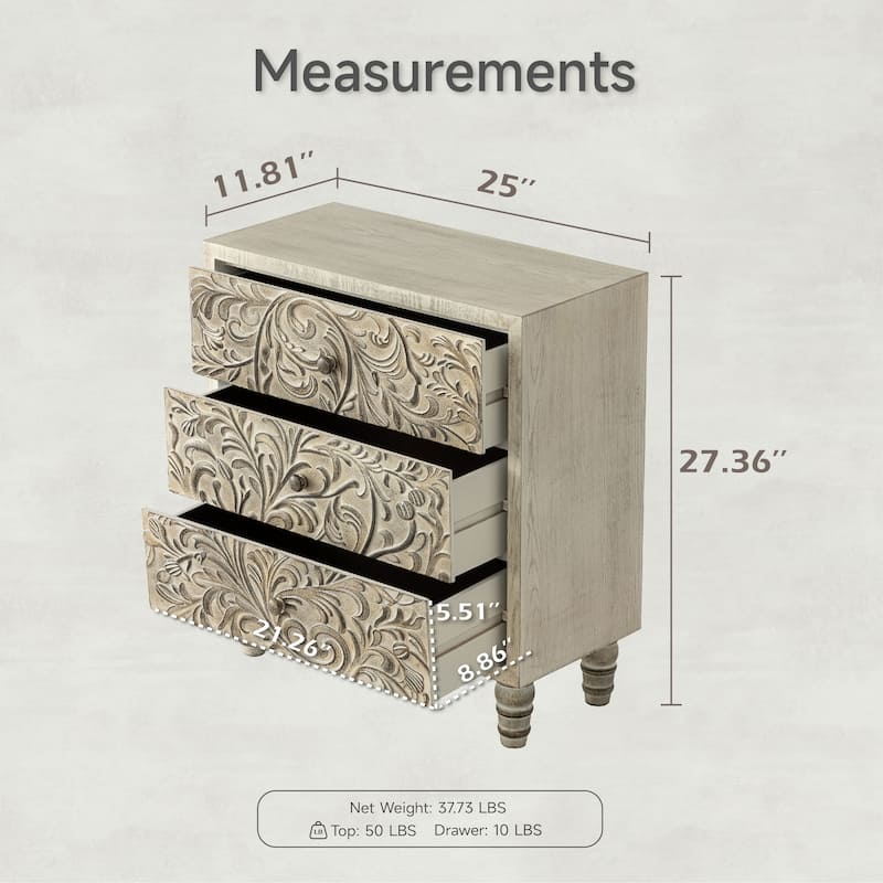 COZAYH 3 Drawer Farmhouse Nightstand with Embossed Weathered Flower Motif, Vintage Dresser, Boho