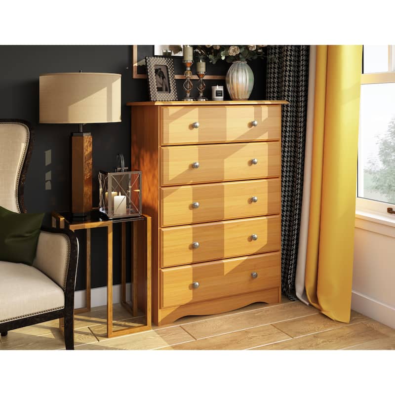 Palace Imports 100% Solid Wood 5-Drawer Chest with Metal or Wooden Knobs - Honey Pine-Metal Knobs