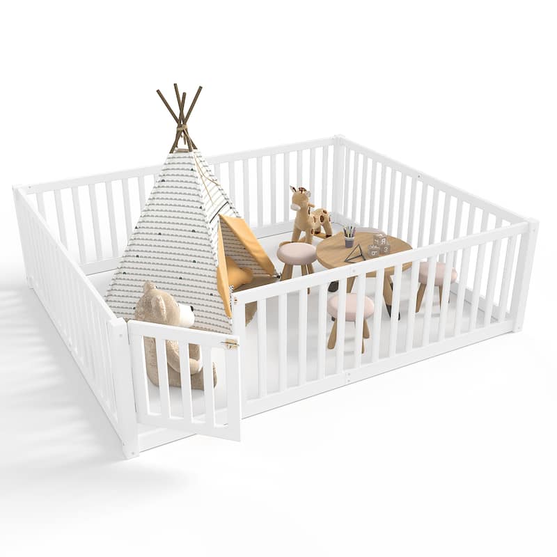 Montessori Floor Bed with Safety Guardrails & Door, Kids Low Profile Frame, Available in Queen/Full/Twin