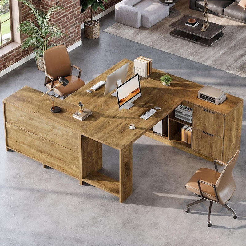 63" L-Shaped Executive Desk, Large Office Desk with File Cabinets and Shelves, Farmhouse Wooden Business Furniture