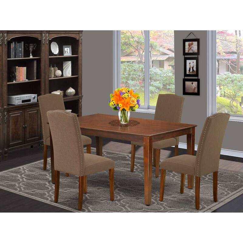HomeStock 5-Piece Rectangle Mahogany Finish Solid Wood Top Dining Table with 4 Parson Chair