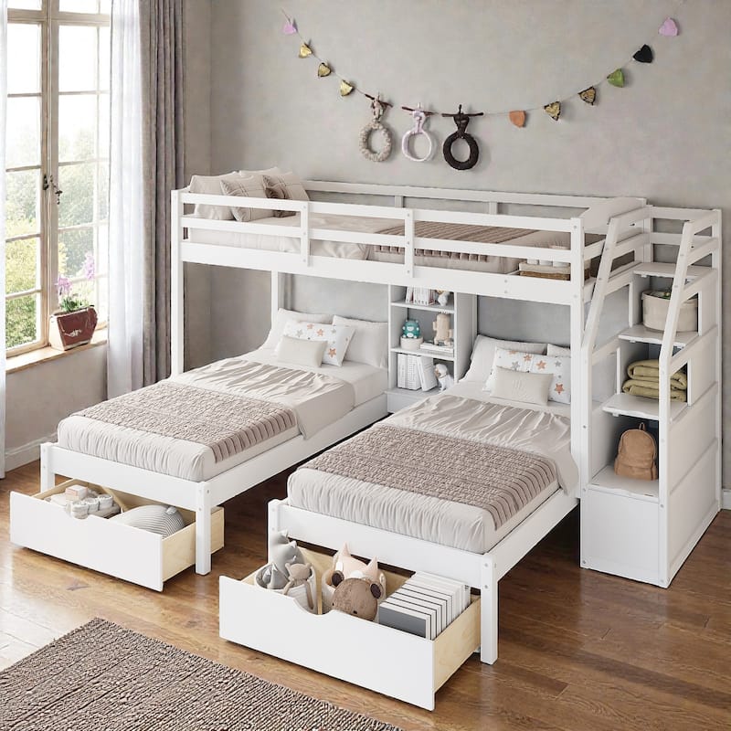 Twin Over Twin and Twin Triple Bunk Bed with Storage Drawers, Staircase Shelves, Built-In Book Shelves - White - Twin