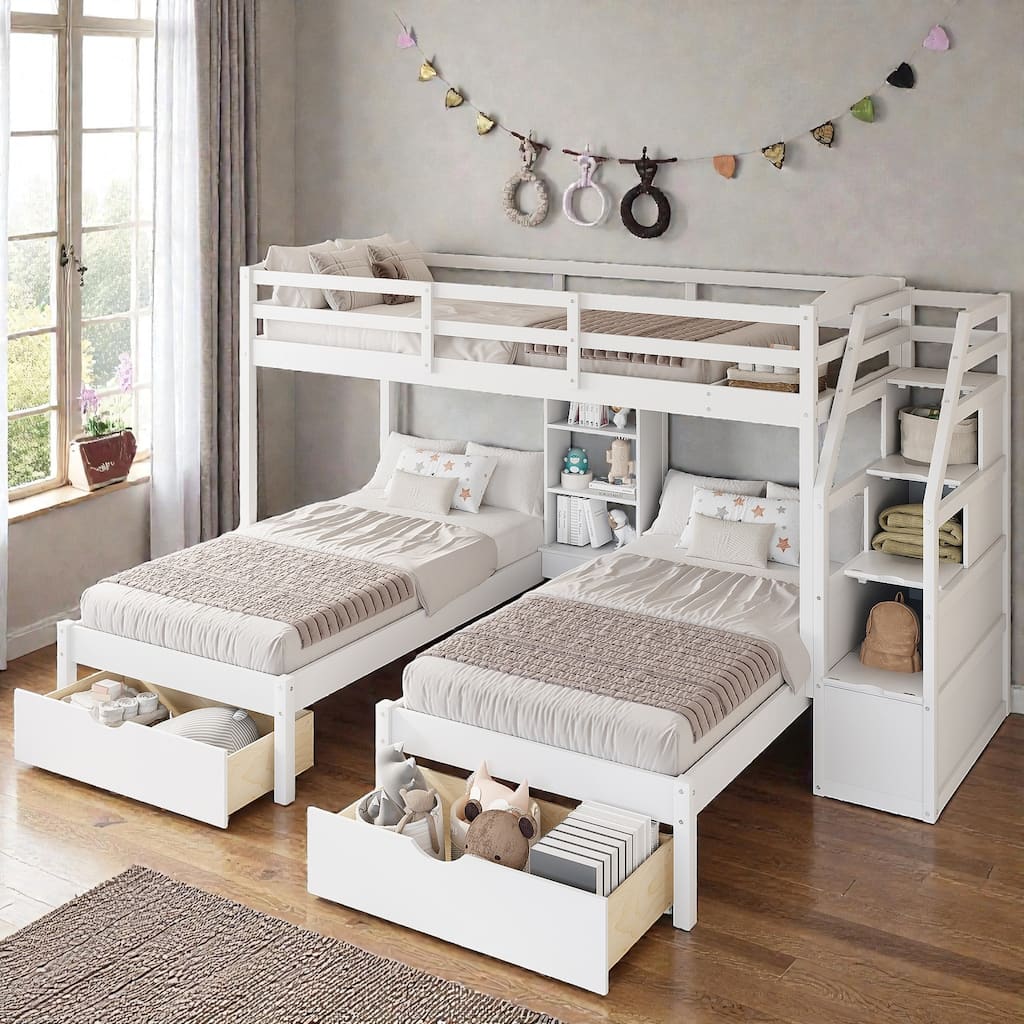 Twin Over Twin and Twin Triple Bunk Bed with Storage Drawers, Staircase Shelves, Built-In Book Shelves