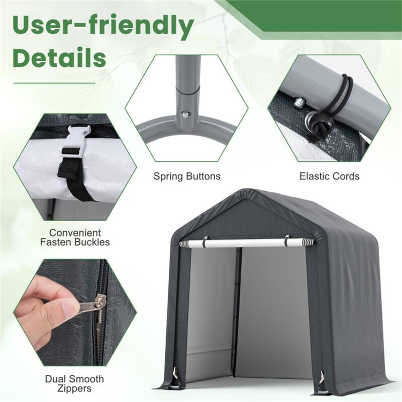 Grey Galvanized Metal Outdoor Storage Shed with PE Cover and Roll-Up Door - 78” W x 72” D x 84” H