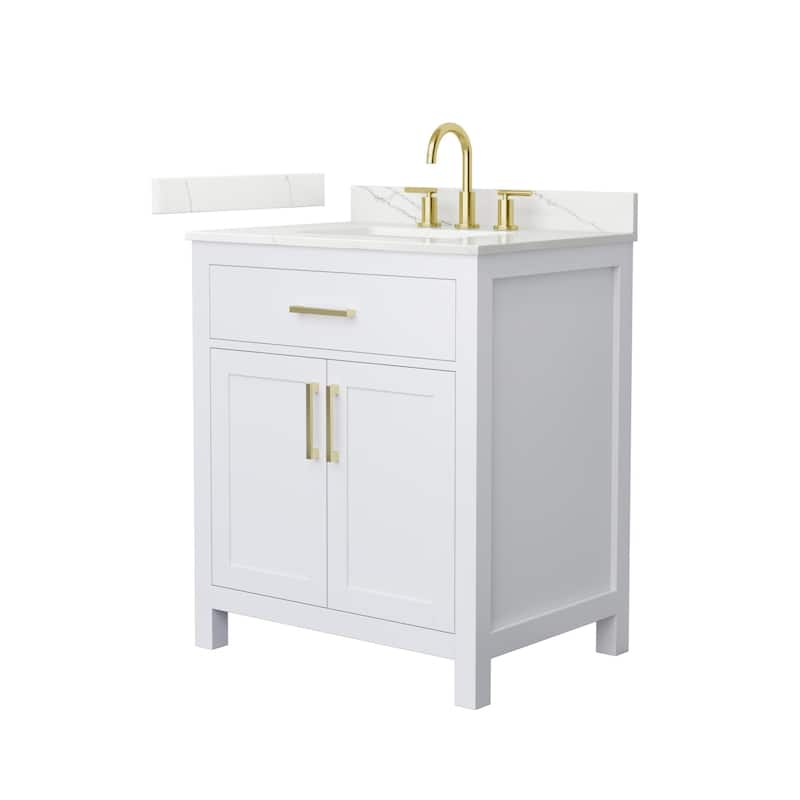 Wyndham Collection WCG2424-30S-QTZ-US3MXX Beckett 30" Free Standing - White / Giotto Quartz Top / Brushed Gold Hardware