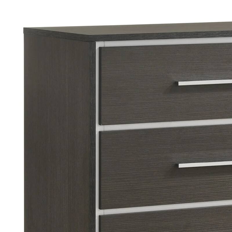 Hez Tall Dresser Chest, 5 Drawers, Silver Trim, Modern Dark Brown Finish