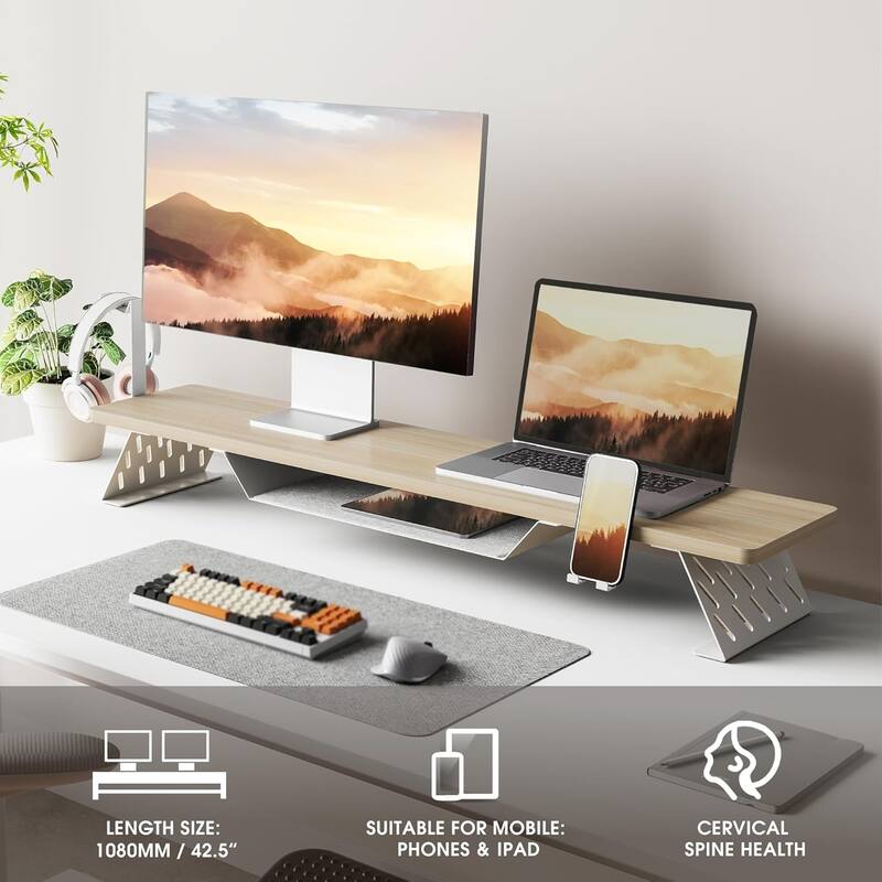 Fenge Dual Monitor Stand Riser, 31.5 inch Long Monitor Stand for Desk - 31.5 x 9.2 x 3.9 inches - Oak-Holder
