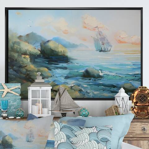 Designart 'Italy Coast Sea Painting' Nautical & Coastal Framed Canvas artwork