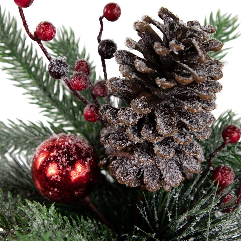 12" Frosted Pine Berries and Pine Cones Floral Arrangement in Tin Pot