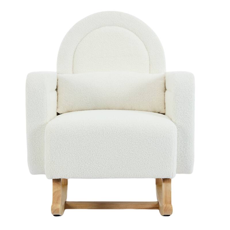 Wooden Base Nursery Rocking Chair, Cream White Accent Chair Lounge Chair with Curved Back & Pillow