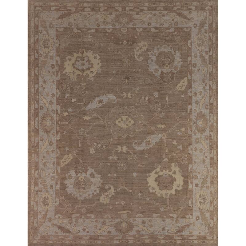 Brown Floral Oushak Vegetable Dye Area Rug Hand-Knotted Wool Carpet - 8'7"x 9'10"