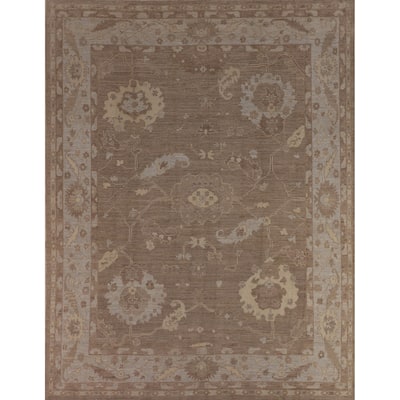 Brown Floral Oushak Vegetable Dye Area Rug Hand-Knotted Wool Carpet - 8'7"x 9'10"