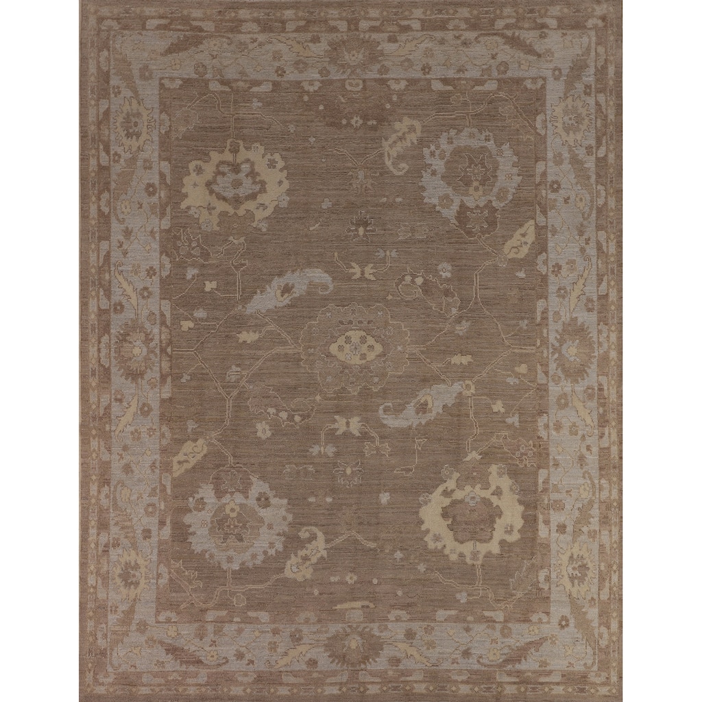 Brown Floral Oushak Vegetable Dye Area Rug Hand-Knotted Wool Carpet - 8'7"x 9'10"