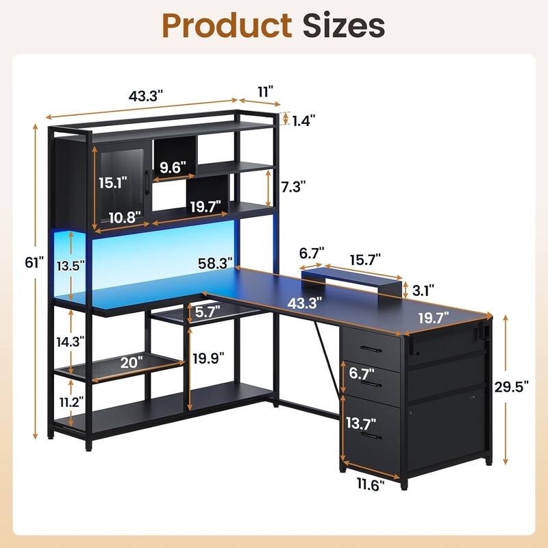 L Shaped Computer Desk 58'' Office Desk with 3 Drawers and Bookshelf
