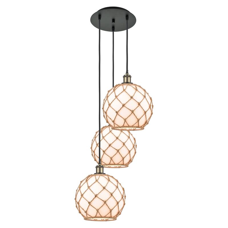 Innovations Lighting Endless Possibilities Ballston - Farmhouse Rope - 3 Light 17" Cord Hung Multi Pendant - White Glass with Brown Rope/Black Antique Brass