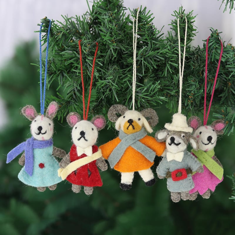 Novica Handmade Caroling Bunnies Wool Felt Ornaments (Set Of 5)