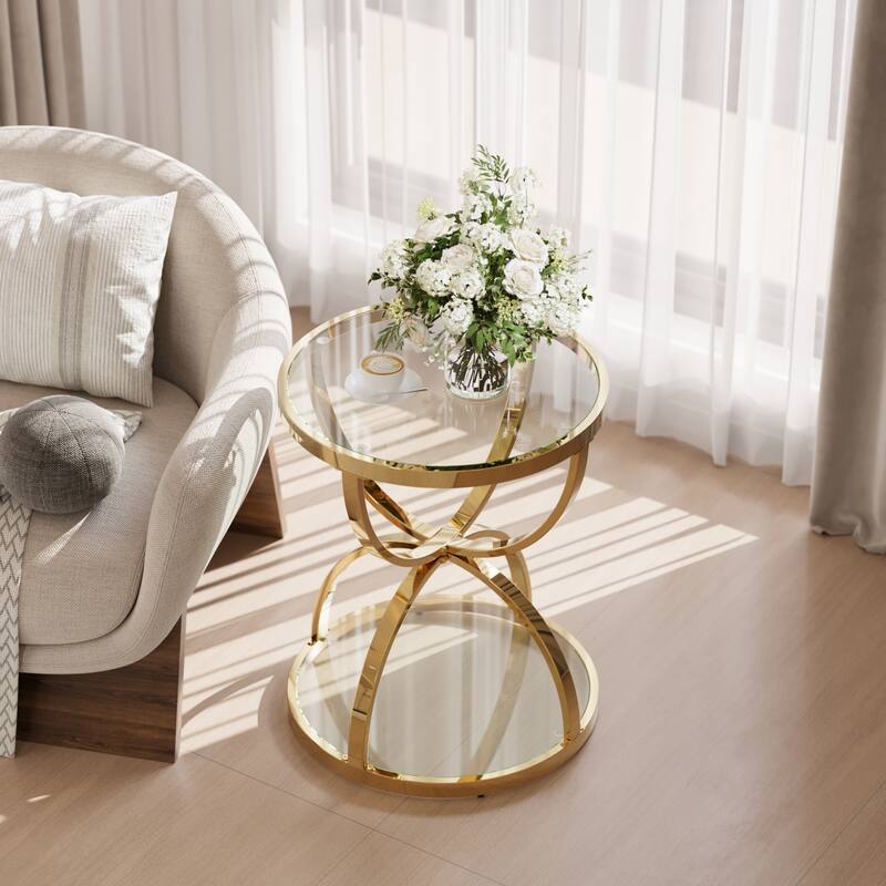 Modern 2 Tiers Glass Coffee Table with Ring-Shaped Metal Frames