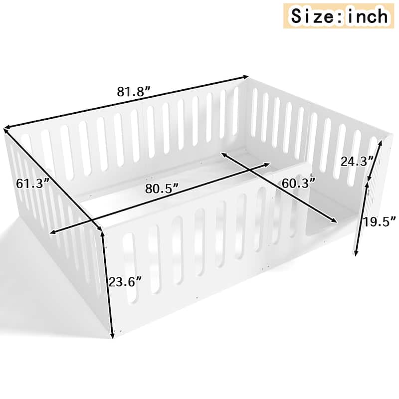 Queen Size Floor Bed with High Fence for Kids, Solid Wood Kids Montessori Bed with Door, No Box Spring Needed Design