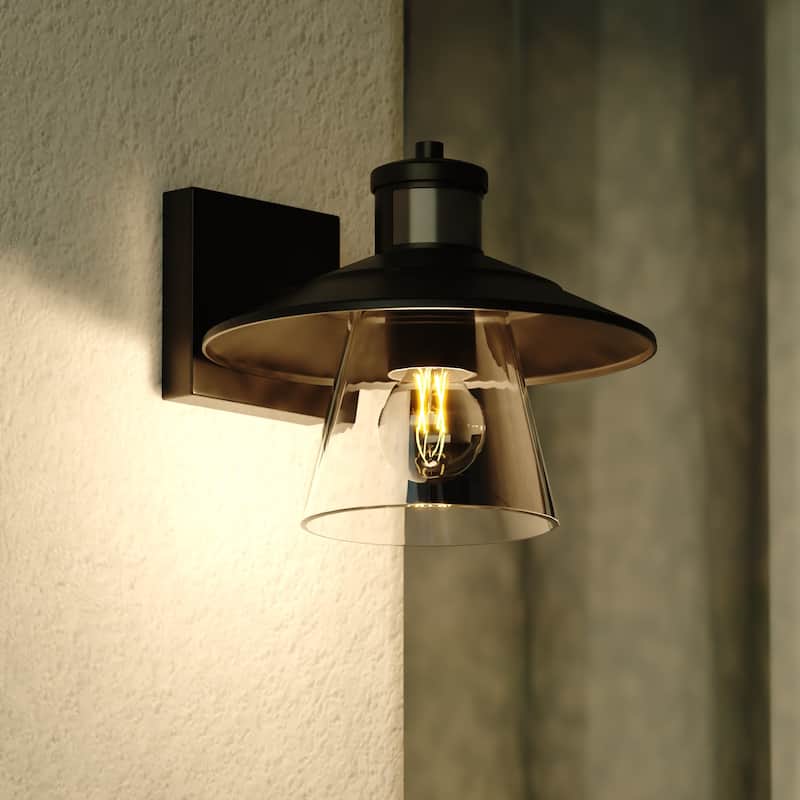 Westport Steel LED Compatible Black Motion Sensor Dusk to Dawn Outdoor Wall Light Coastal Clear Glass - Textured Black - 10-in W x 8.75-in H x 11-in D