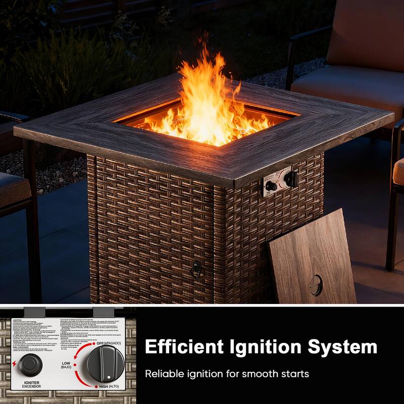 30 in. Square Brown Wicker and Metal Propane Gas Outdoor Fire Pit Table with Lava Rocks, 50000 BTU
