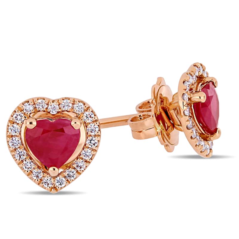 Miadora 14k Rose Gold Ruby and 1/5ct TDW Diamond Heart Halo Stud Earrings