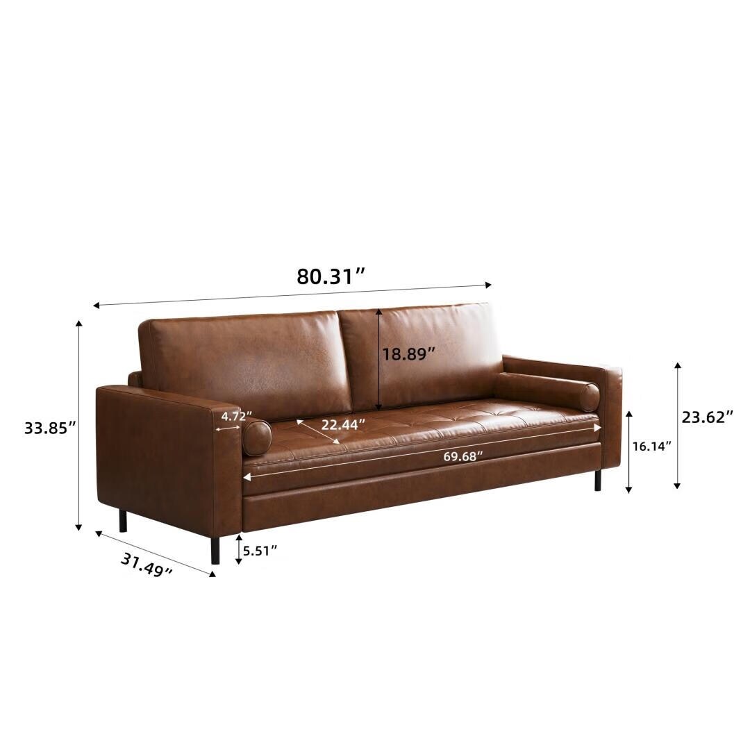 Mid-Century Modern Brown Faux Leather Sofa – 3-Seater Upholstered Couch with Bolster Pillows, Tufted Seat, and Solid Wood Frame