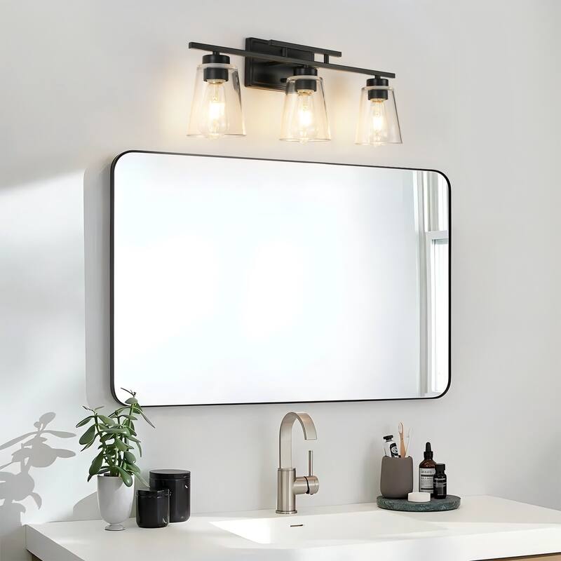 3-Light Modern Black Linear Cone Clear Glass Bathroom Vanity Light - 23.62 in. W x 7.09 in. D x 9.25 in. H