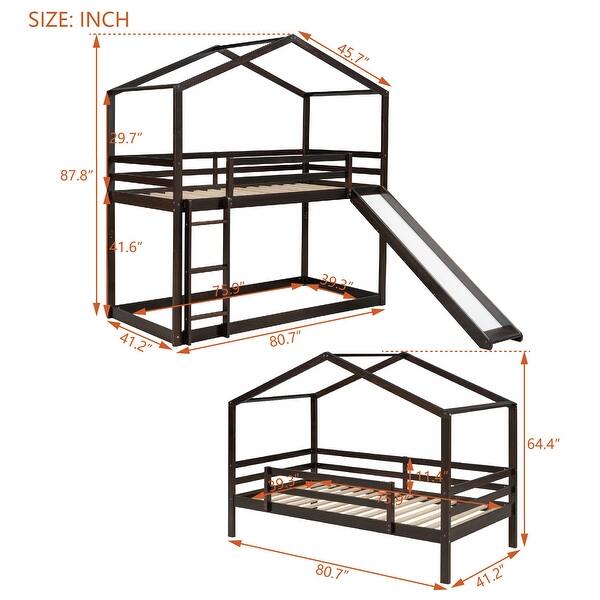 dimension image slide 1 of 3, House Twin Bunk Bed with Slide, Ladder & Guardrails - Safe for Kids