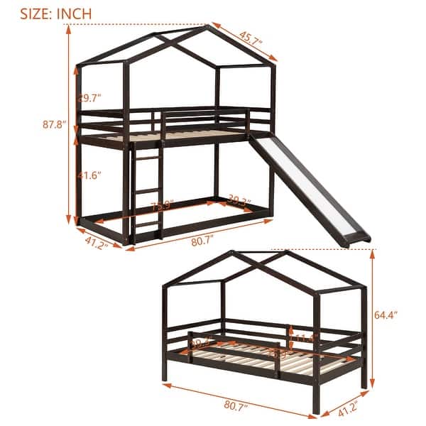 dimension image slide 0 of 3, Twin Over Twin Bunk Bed with Roof, Slide & Ladder, Playhouse-Inspired Design, Safe & Fun, Multiple Installation Options, Grey