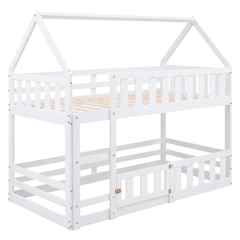 Twin over Twin House Bunk Bed with Fence and Door