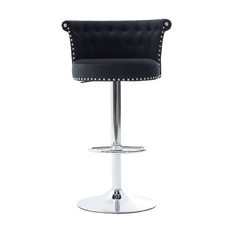 360° Swivel Bar Stools Set of 2 Adjustable Velvet Accent Chairs with Footrest Base, Button Tufted and Barrel Curved Backrest