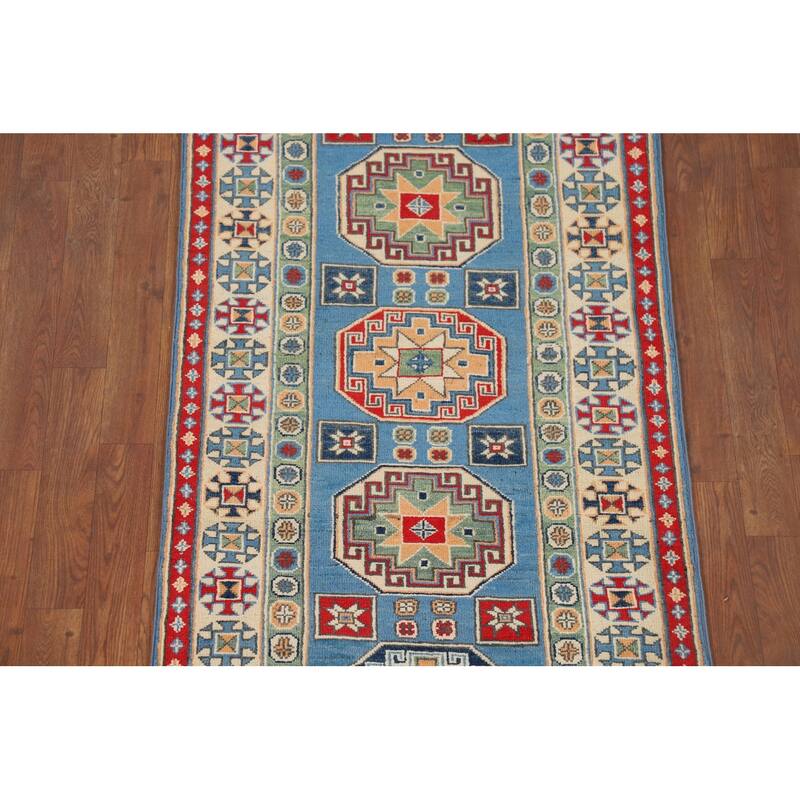 Blue Geometric Kazak Runner Rug Hand-Knotted Oriental Wool Carpet - 2'8" x 9'6"