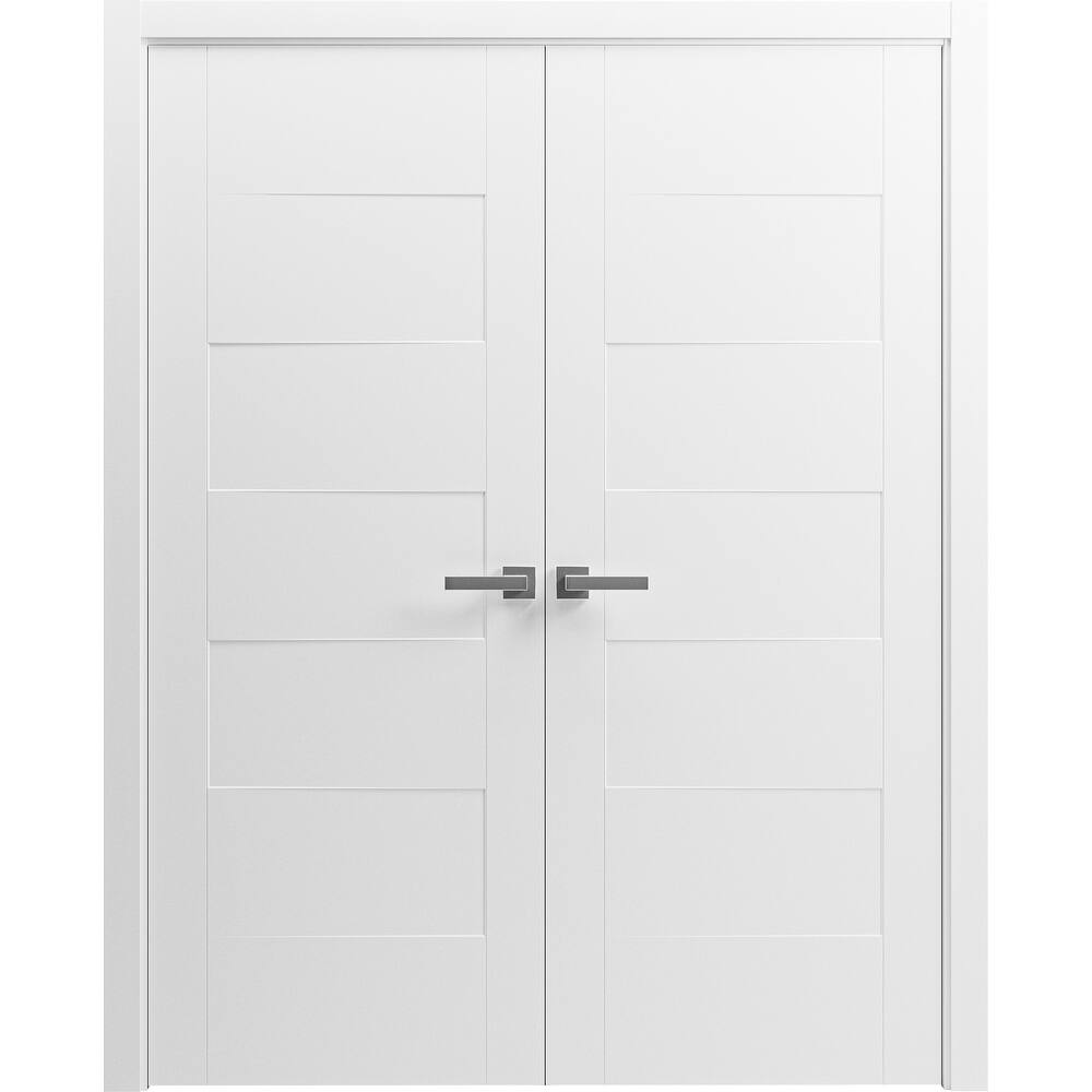 Interior Solid French Double Doors / Mela 0755 Painted White / Wood Interior Solid Panel Frame / Closet Bedroom Modern Doors
