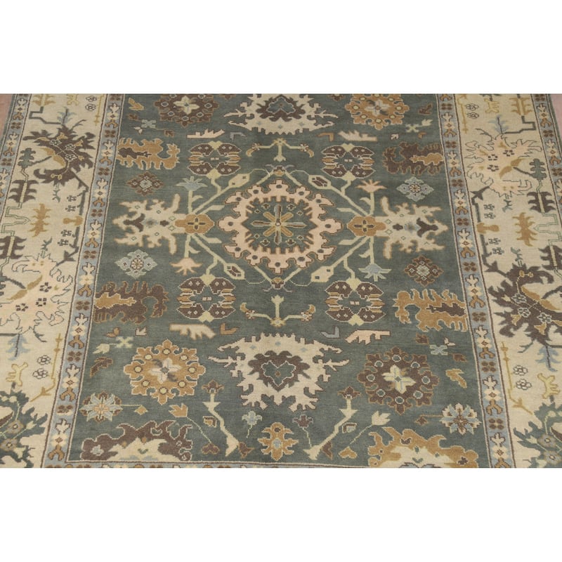 Blue Floral Oushak Indian Area Rug Hand-Knotted Wool Carpet - 9'0" x 11'11"