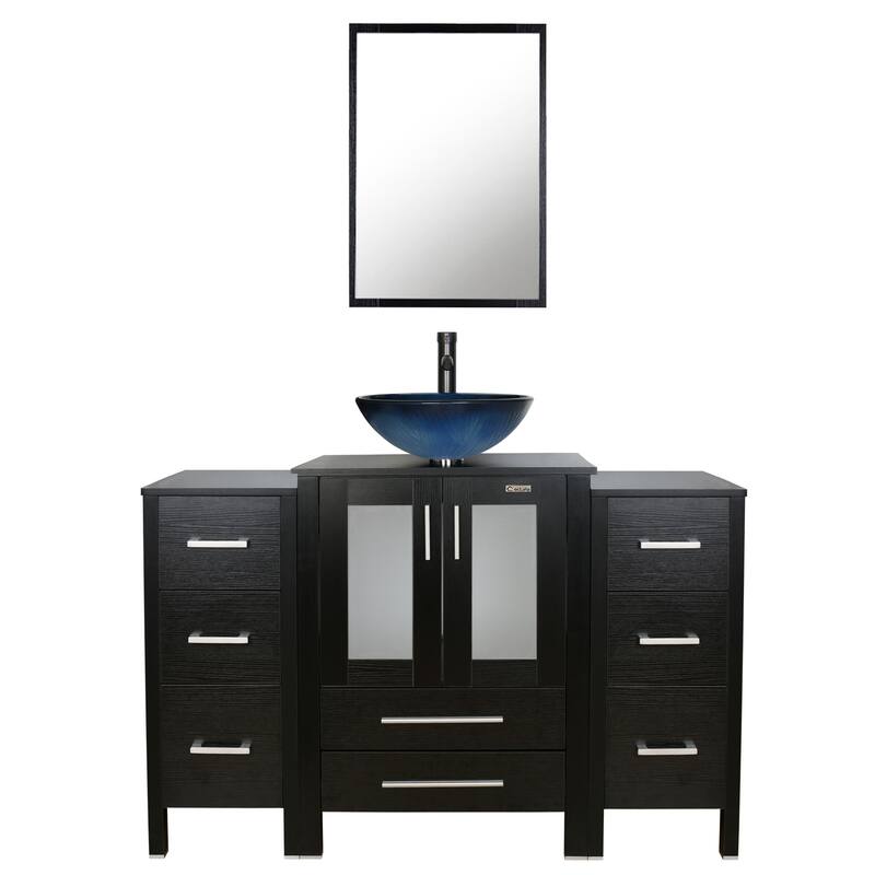 48" Bathroom Vanity Set Vessel Sink Mirror Faucet W/ Small Cabinet Combo - blue round sink - Black