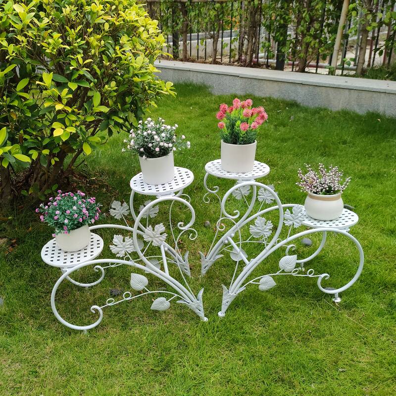 Sef of 2 Tier Metal Plant Pot Stand Garden Flower Display Shelf