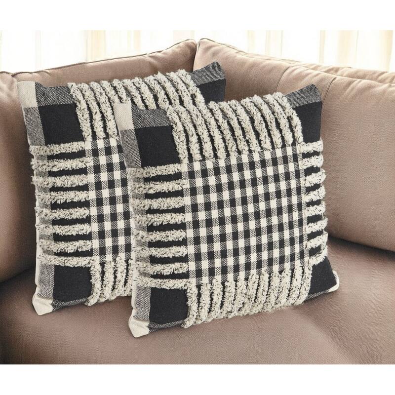 Set of Two Black and Ivory Plaid Cotton Throw Pillow With Fringe - Black and Ivory