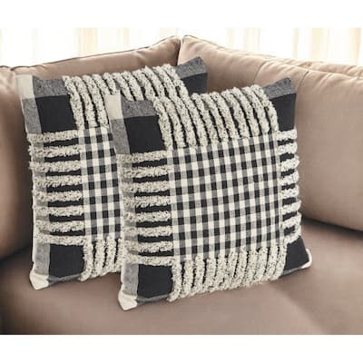 Set of Two Black and Ivory Plaid Cotton Throw Pillow With Fringe