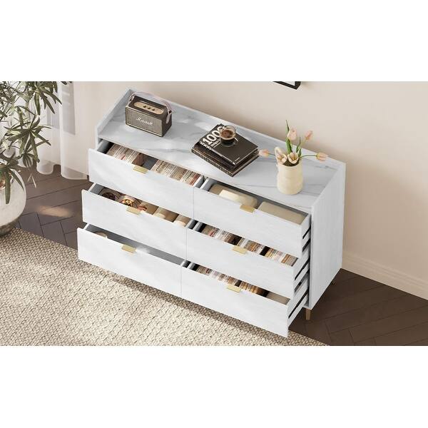 55" Long 6-Drawer Dresser with Marbling Worktop, Mordern Storage Cabinet  with Metal Leg and Handle - Bed Bath & Beyond - 40239142