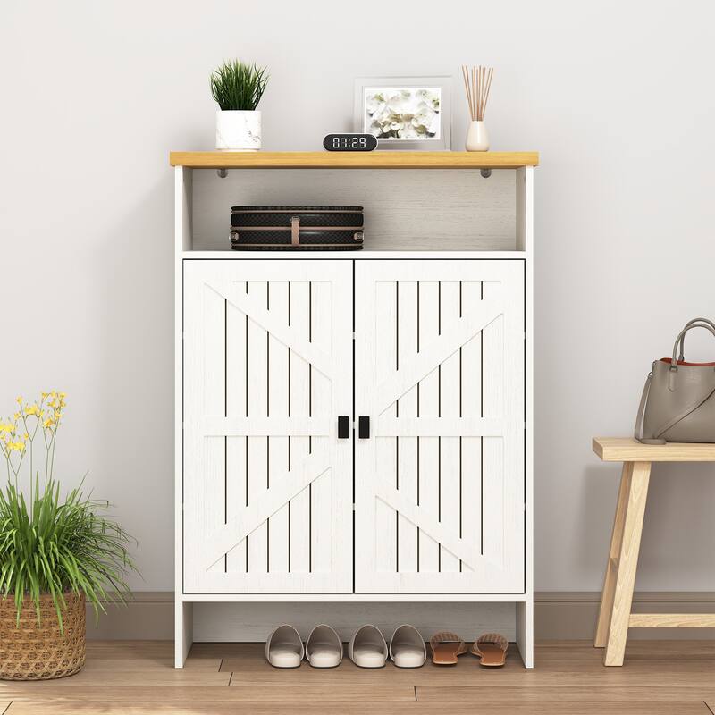 Double Door Wooden Shoe Cabinet, Multifunctional Shoe Organizer, Hidden Shoe Cabinet with Top Shelf and Open Shoe Rack