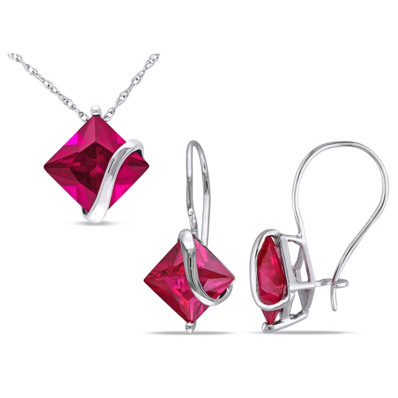 Miadora 7 1/4ct TGW Created Ruby Earrings Pendant Chain Set 10k White Gold