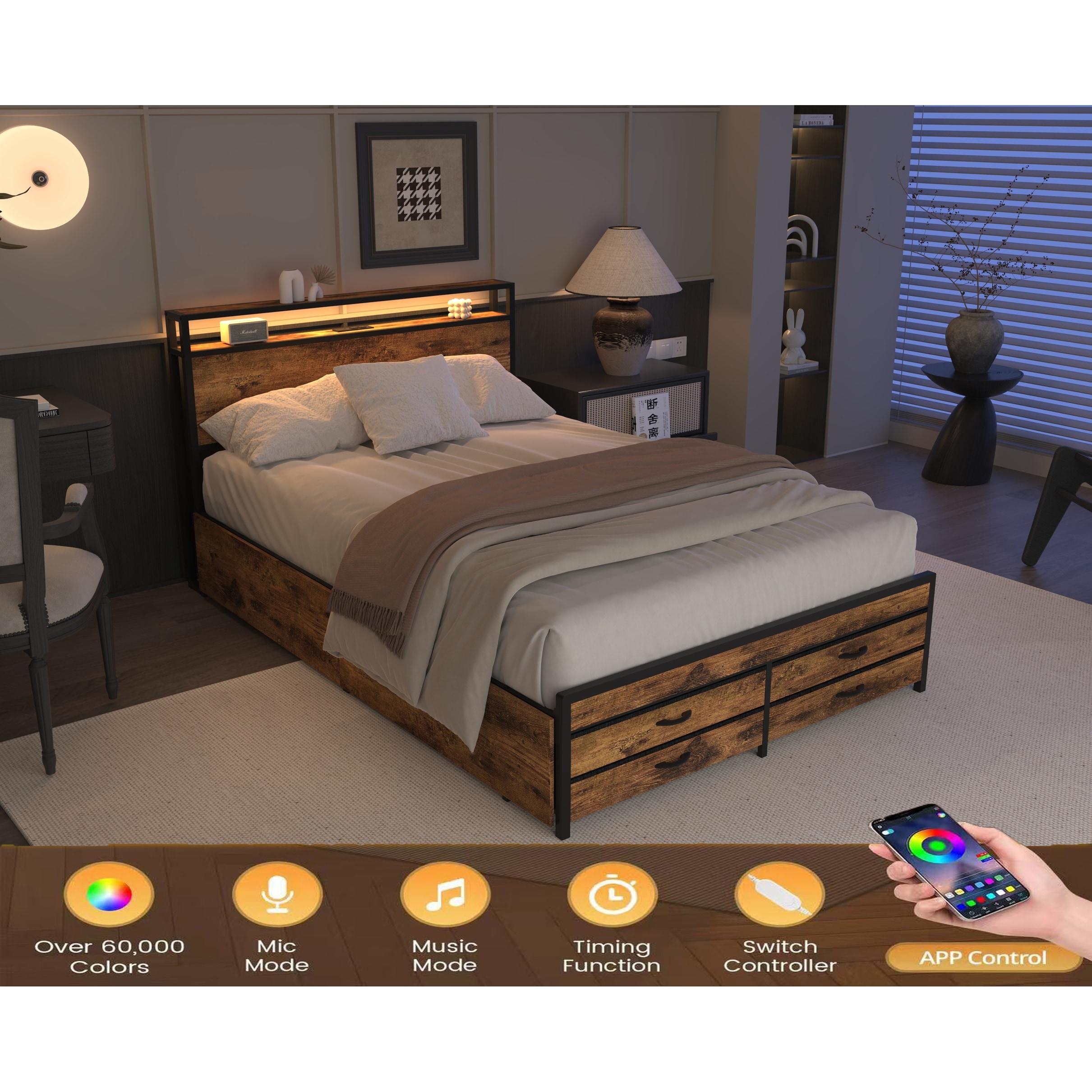 Smart LED Platform Bed, LED Headboard with Charging Station, Practical Storage Bed with 8 Drawers, Heavy Duty Metal Slat Support