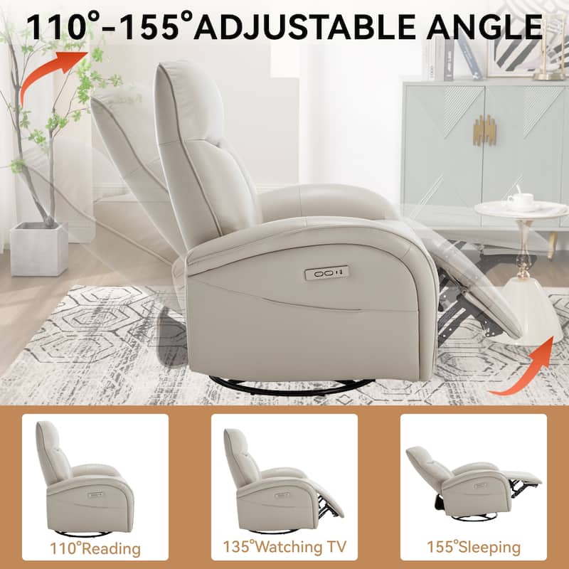 Genuine Leather Power Recliner Chair, 270° Swivel Rocker, USB, Type-C