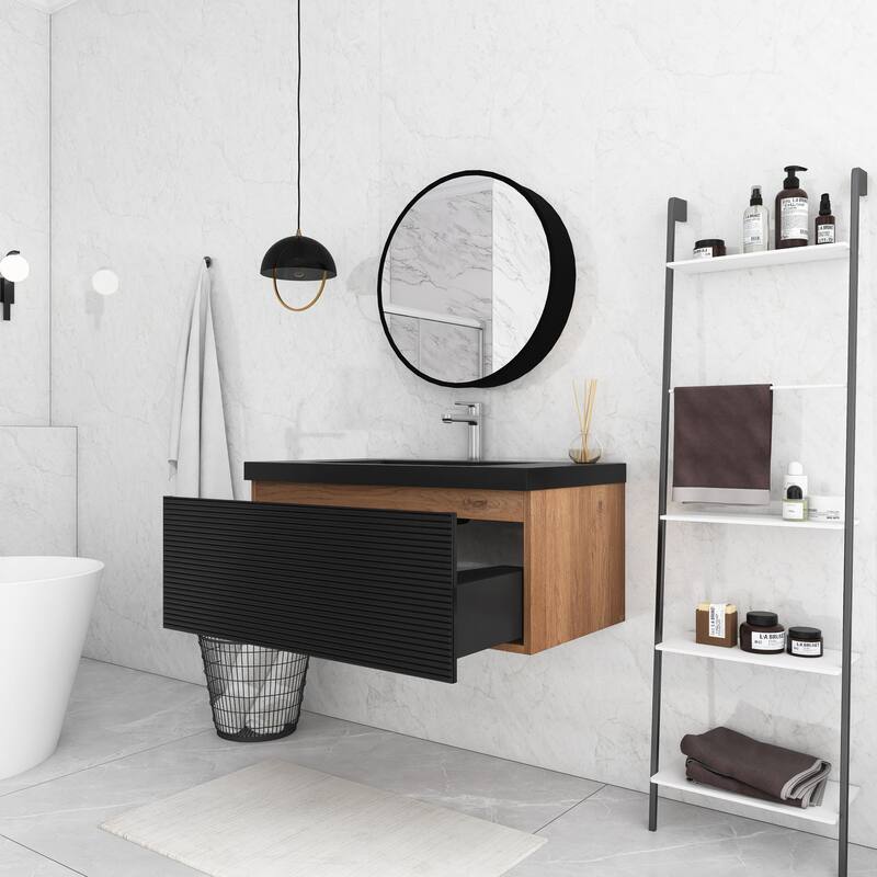 Floating Bathroom Vanity in Natural Oak with Integrated Resin Top