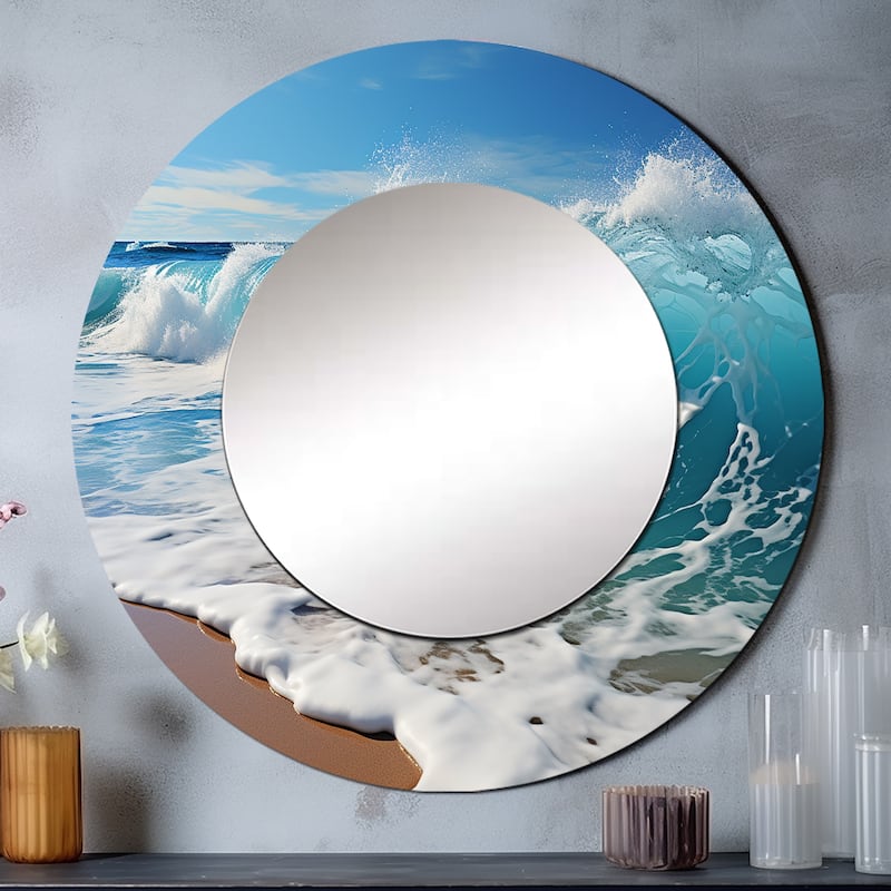 Designart "Turquoise Power Of Ocean Wave I" coastal Living Room Mirror - Blue Nautical & Coastal Round Mirror
