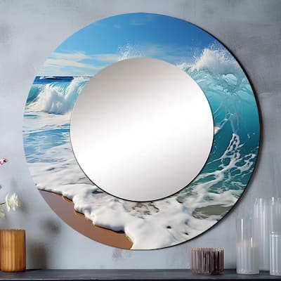 Designart "Turquoise Power Of Ocean Wave I" coastal Living Room Mirror - Blue Nautical & Coastal Round Mirror