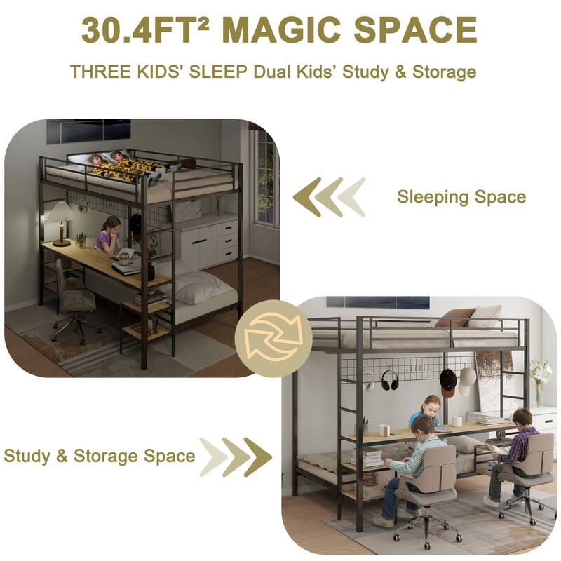 Full Over Twin Bunk Bed with Desk and Charging Station and Storage Shelves and Metal Wire Mesh Panel with Hooks,Guard & Stairs