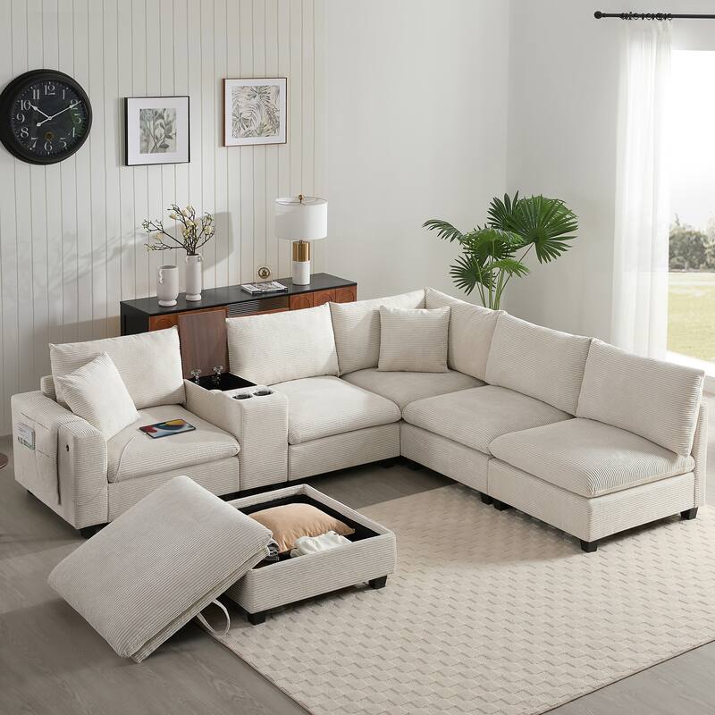 140" Corduroy U-Shaped Modular Sectional Sofa with Storage & USB