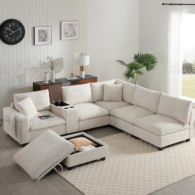Convertible Modular Sofa 6 Seat Sectional Corduroy Couch with Side Pockets, Cup Holder, USB and Storage Ottoman for Living Room